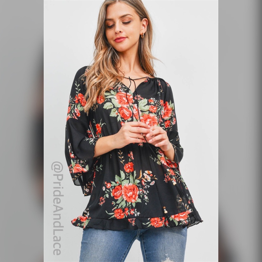 BLACK FLORAL 3/4 SLEEVE TOP